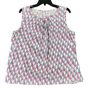 Talbots Sleeveless Top Womens Large Pink Teal Bird Print Blouse Cotton Shell